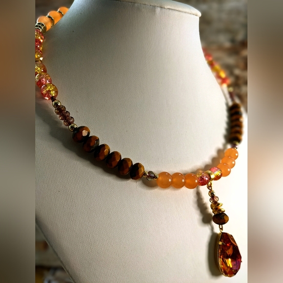 Orange Jade, Czech And Glass Beads and Orange Crystal AB Necklace - Picture 4 of 9